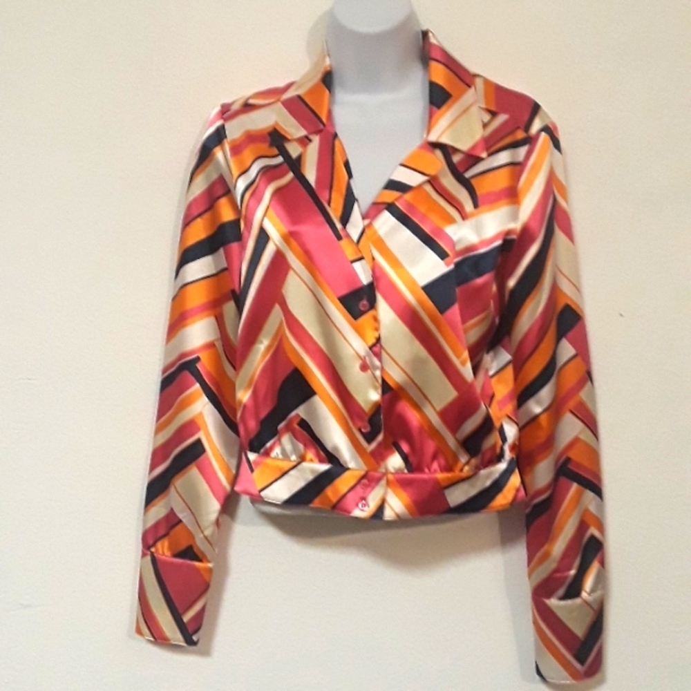 *C1 - VTG. CLIFFORD & WILLS PINK ORANGE BLK, WHITE & GOLD  SZ. 6 BLOUSE